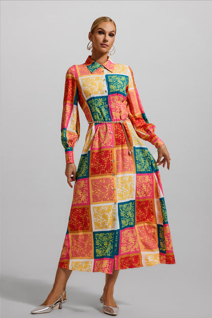 Patchwork Print Shirt Collar Midi Dress With Belt