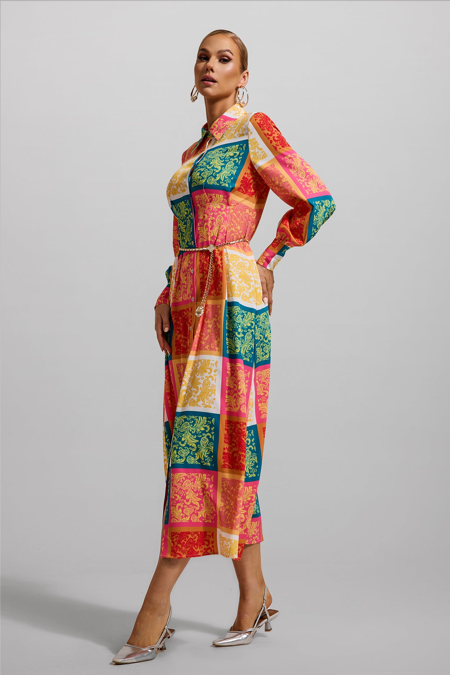 Patchwork Print Shirt Collar Midi Dress With Belt