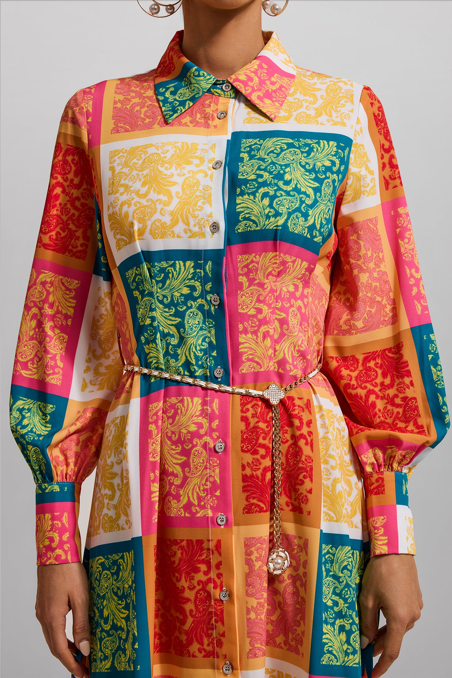 Patchwork Print Shirt Collar Midi Dress With Belt
