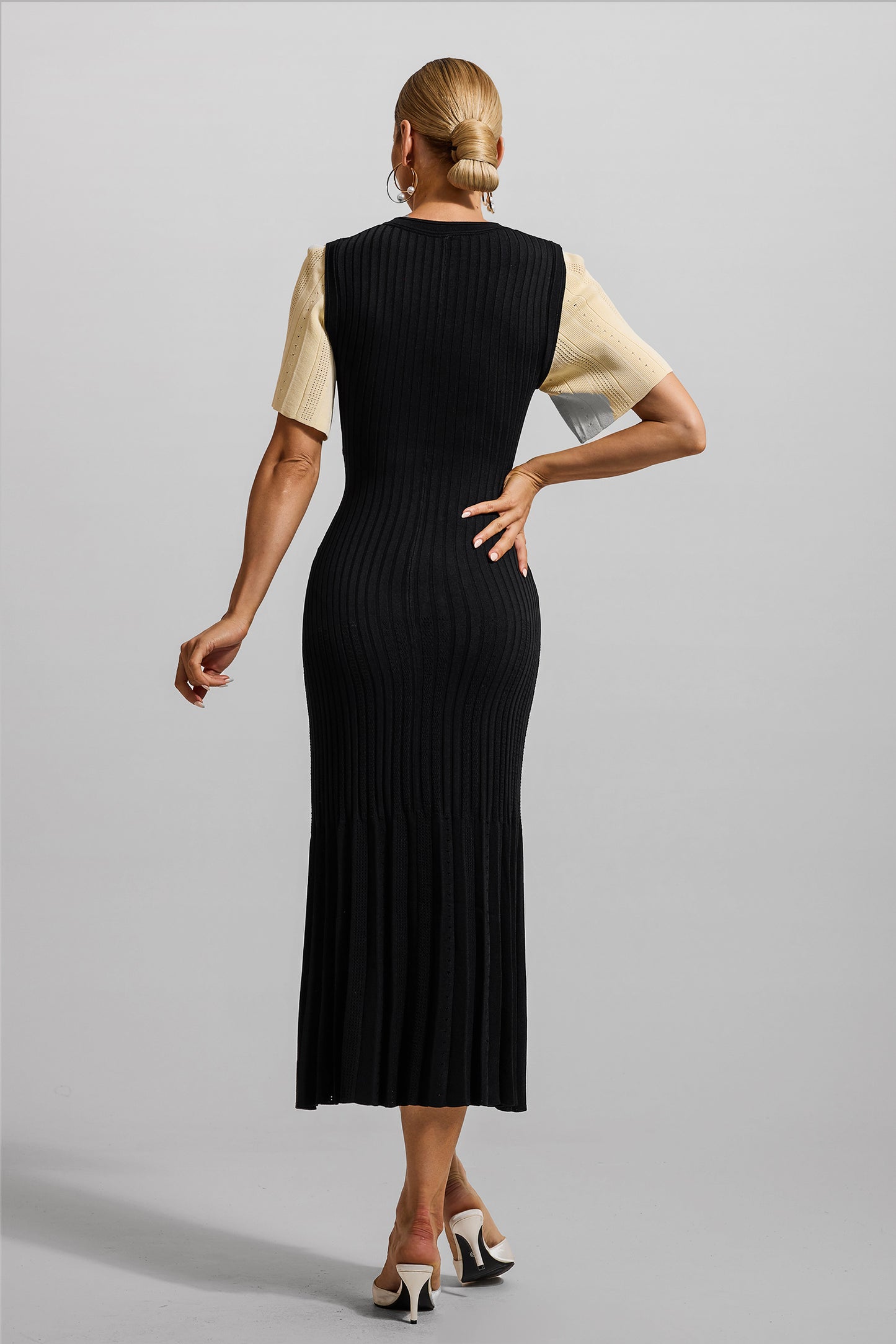 Jersey Button Splicing Midi Dress Black