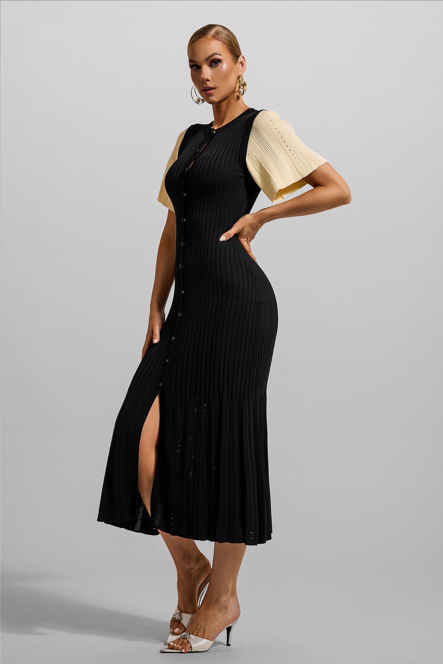 Jersey Button Splicing Midi Dress Black