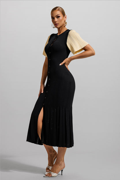 Jersey Button Splicing Midi Dress Black
