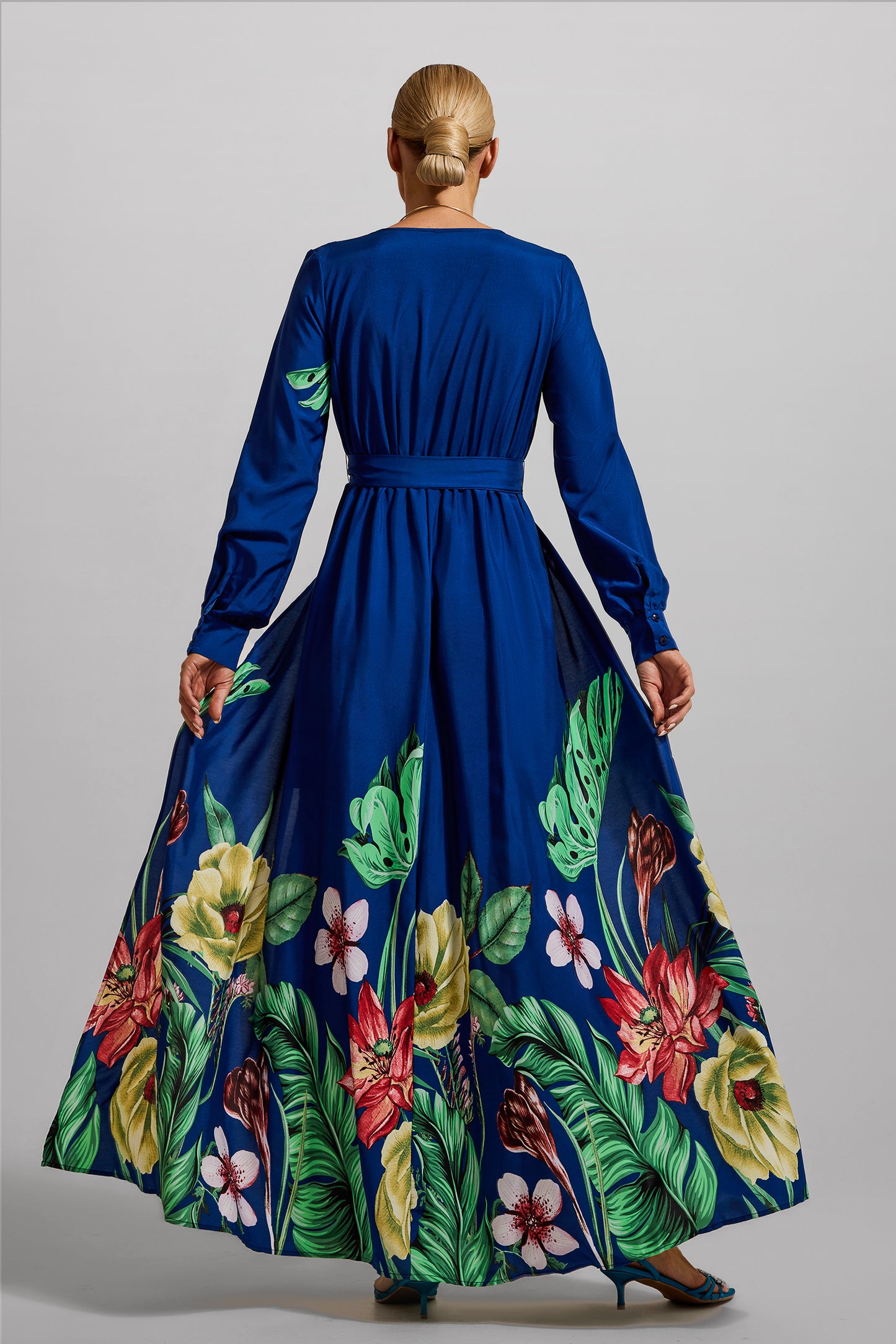 Floral V-Neck Lantern Sleeve Maxi Dress