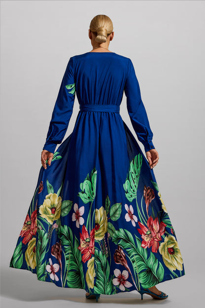 Floral V-Neck Lantern Sleeve Maxi Dress