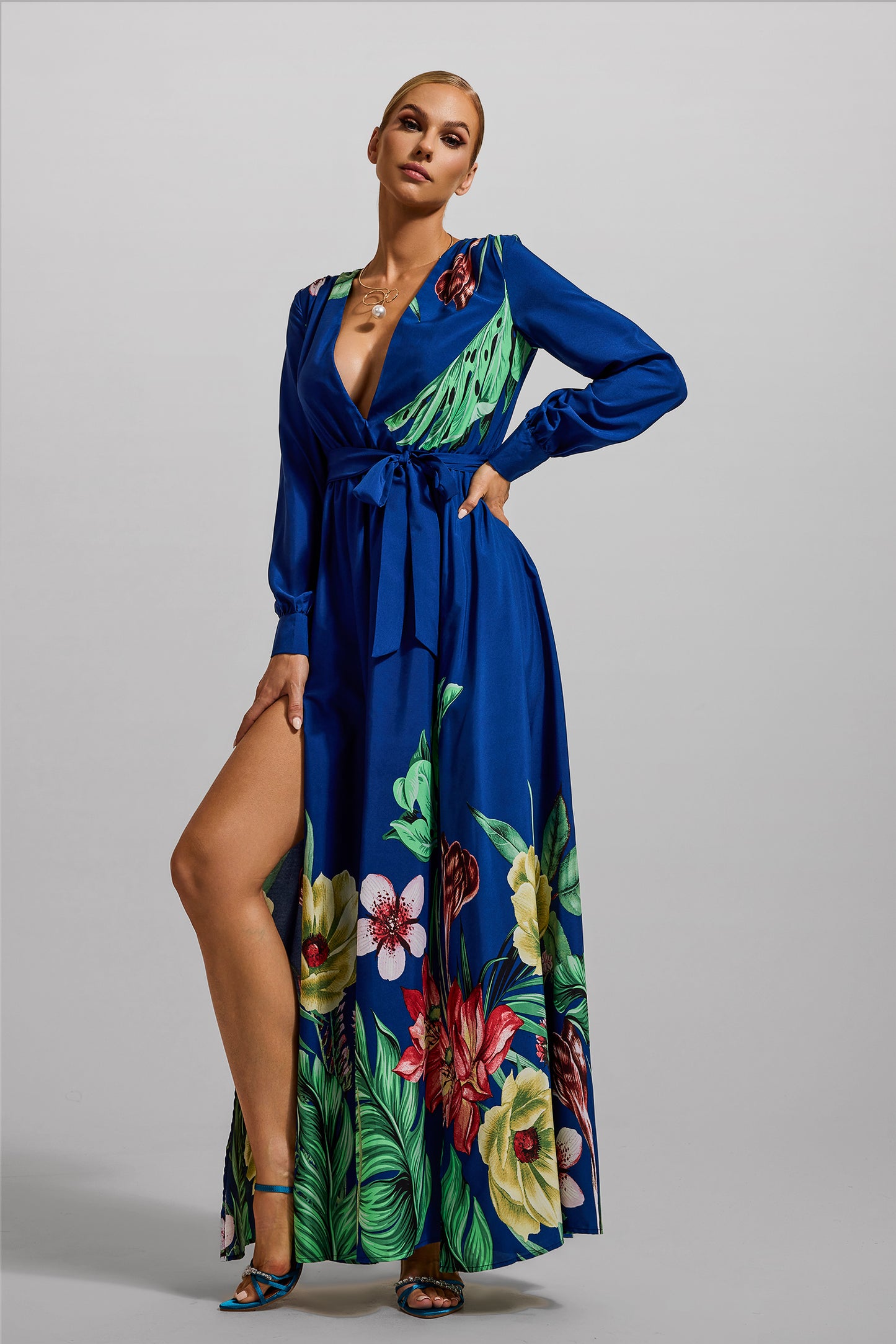 Floral V-Neck Lantern Sleeve Maxi Dress