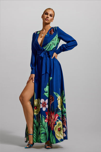 Floral V-Neck Lantern Sleeve Maxi Dress