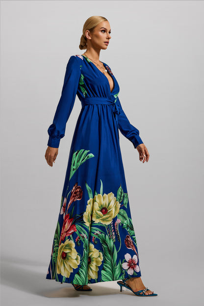 Floral V-Neck Lantern Sleeve Maxi Dress
