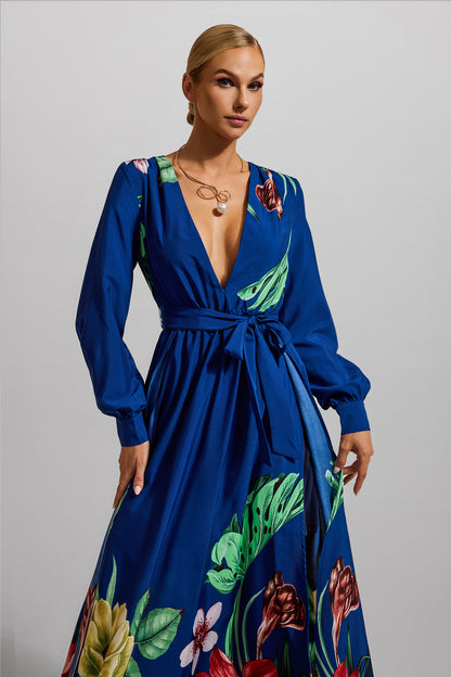 Floral V-Neck Lantern Sleeve Maxi Dress