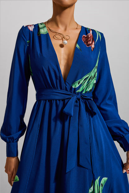 Floral V-Neck Lantern Sleeve Maxi Dress