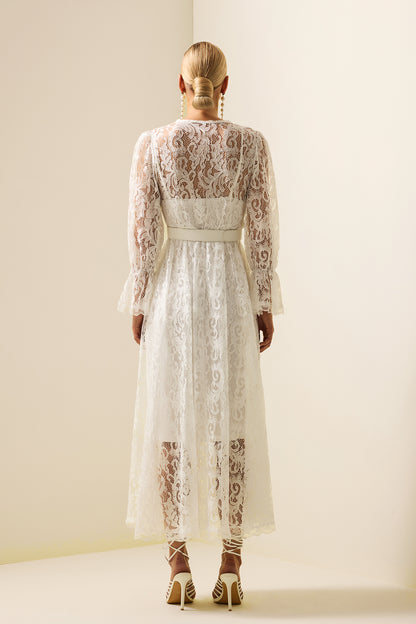 Solid Lace Long Sleeve Midi Dress With Belt