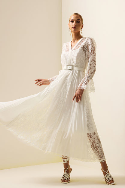 Solid Lace Long Sleeve Midi Dress With Belt