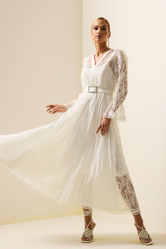 Solid Lace Long Sleeve Midi Dress With Belt