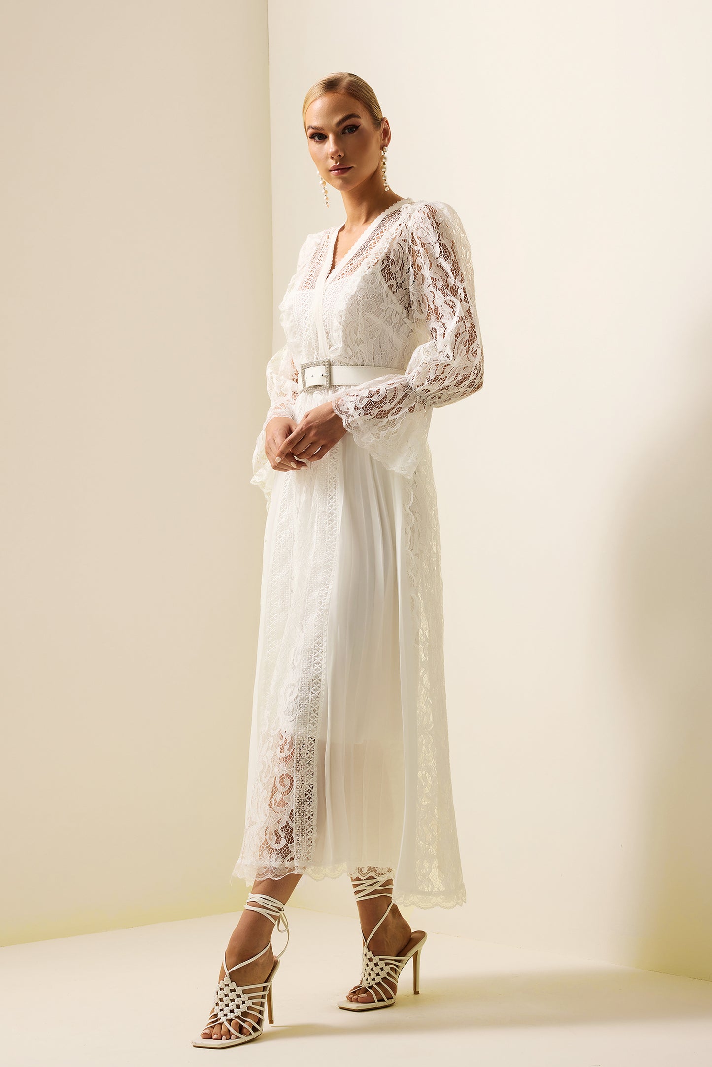 Solid Lace Long Sleeve Midi Dress With Belt