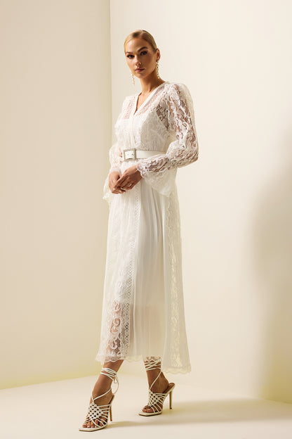 Solid Lace Long Sleeve Midi Dress With Belt