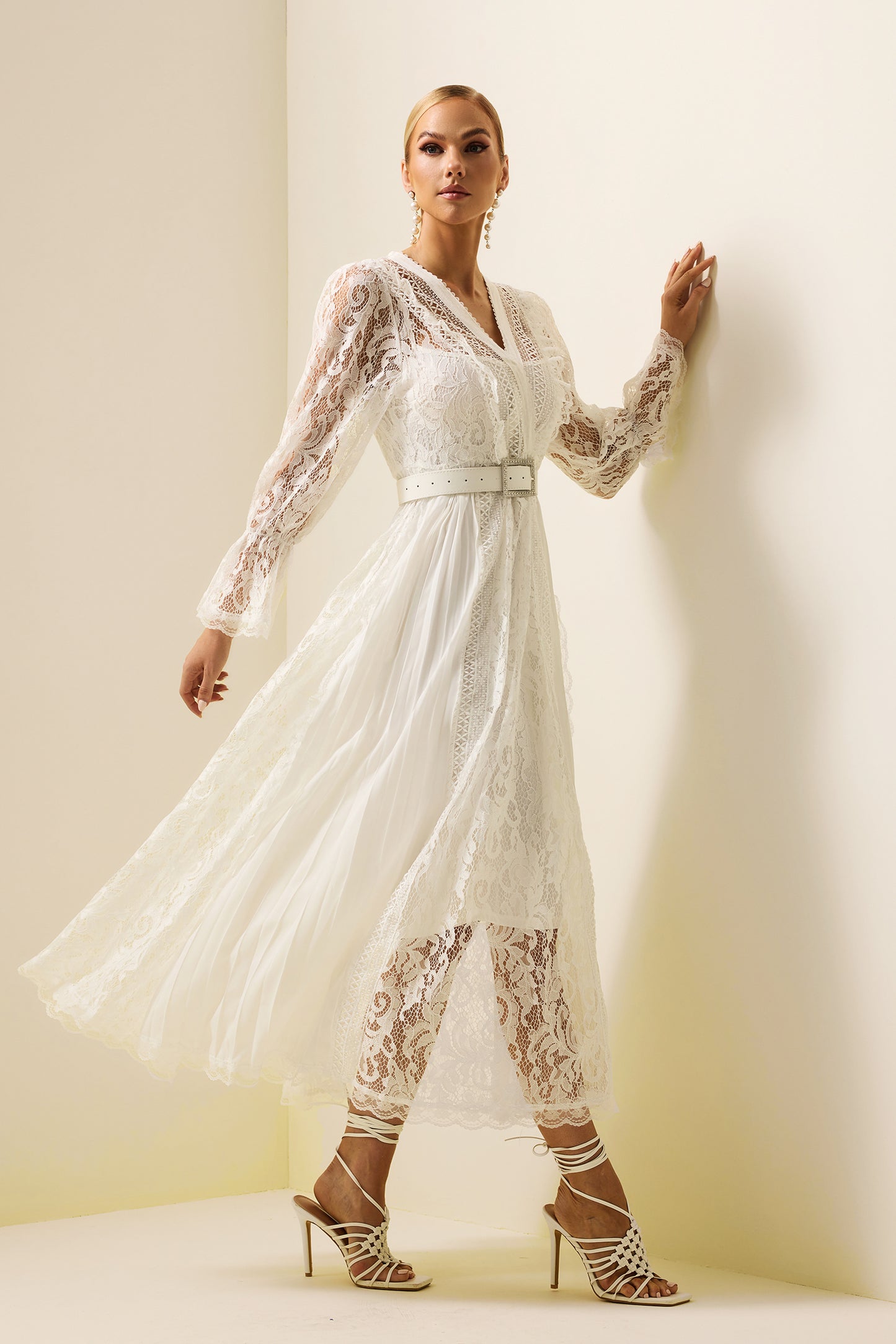 Solid Lace Long Sleeve Midi Dress With Belt