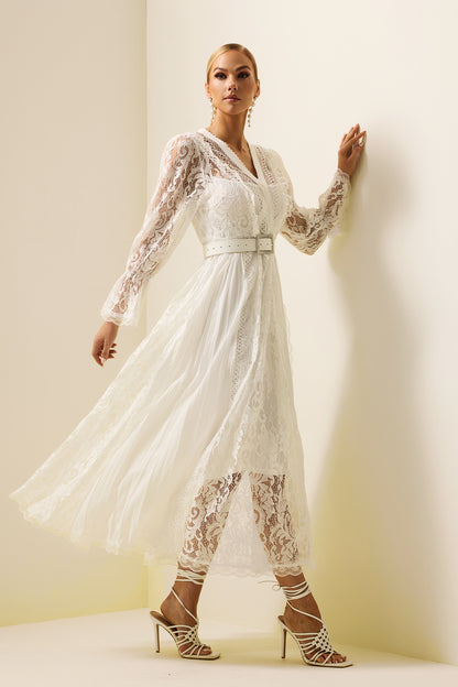 Solid Lace Long Sleeve Midi Dress With Belt