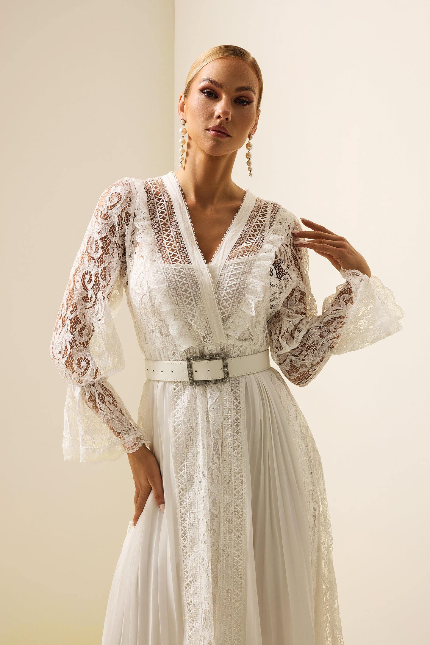 Solid Lace Long Sleeve Midi Dress With Belt