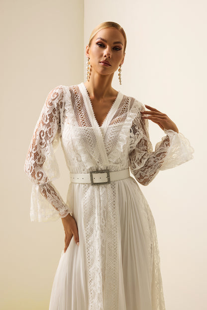 Solid Lace Long Sleeve Midi Dress With Belt