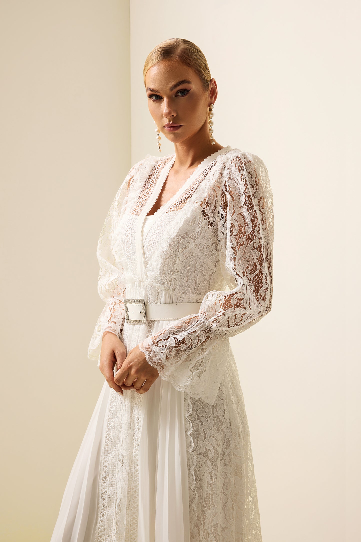 Solid Lace Long Sleeve Midi Dress With Belt
