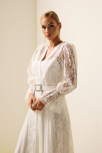 Solid Lace Long Sleeve Midi Dress With Belt
