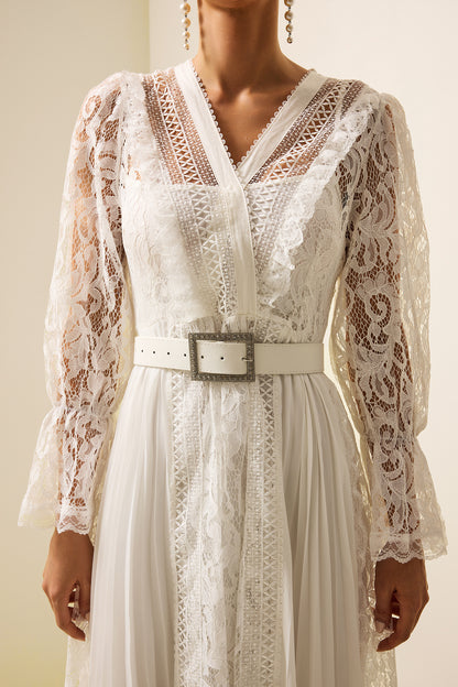 Solid Lace Long Sleeve Midi Dress With Belt