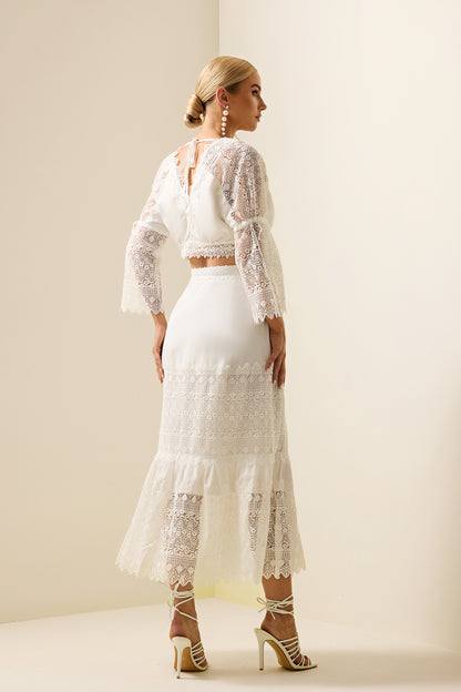 Lace Embroidered Mini Top & High Waist Midi Skirt Set