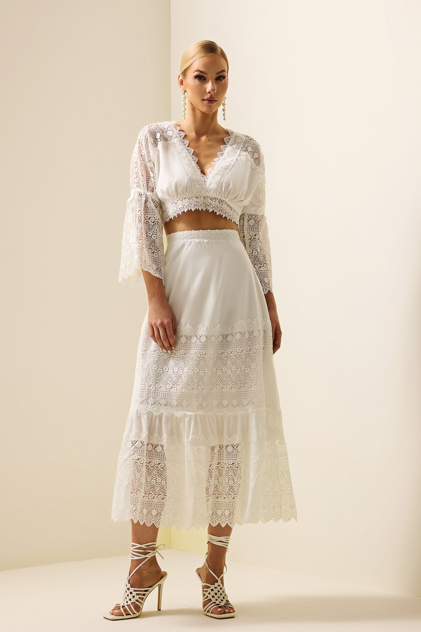 Lace Embroidered Mini Top & High Waist Midi Skirt Set