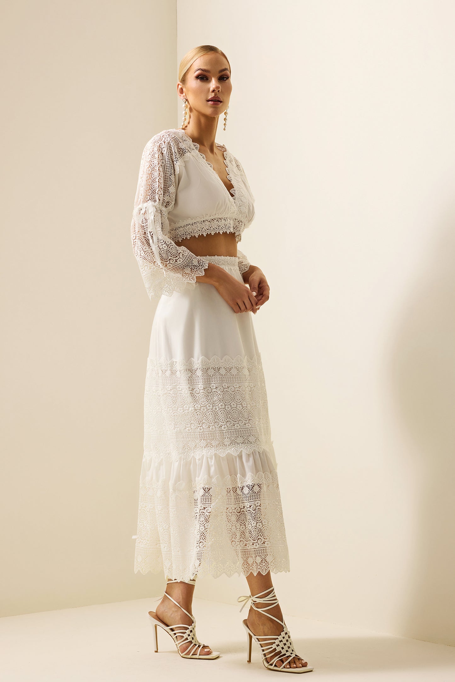 Lace Embroidered Mini Top & High Waist Midi Skirt Set
