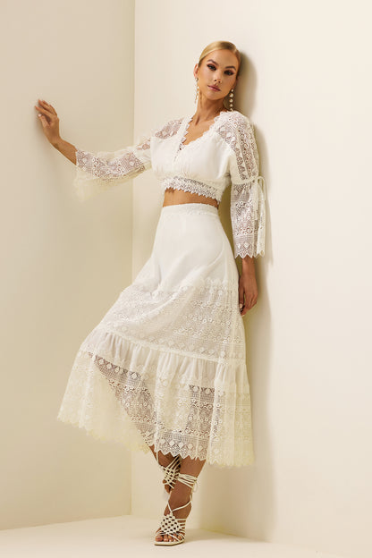Lace Embroidered Mini Top & High Waist Midi Skirt Set