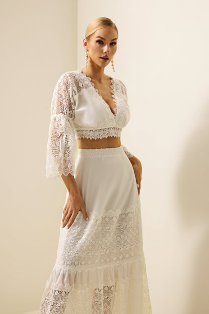 Lace Embroidered Mini Top & High Waist Midi Skirt Set