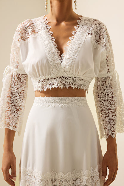 Lace Embroidered Mini Top & High Waist Midi Skirt Set