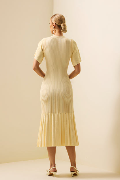 Jersey Button Splicing Midi Dress Yellow