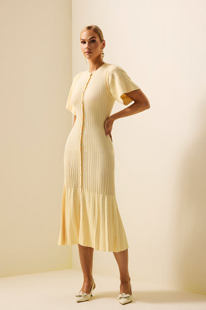 Jersey Button Splicing Midi Dress Yellow