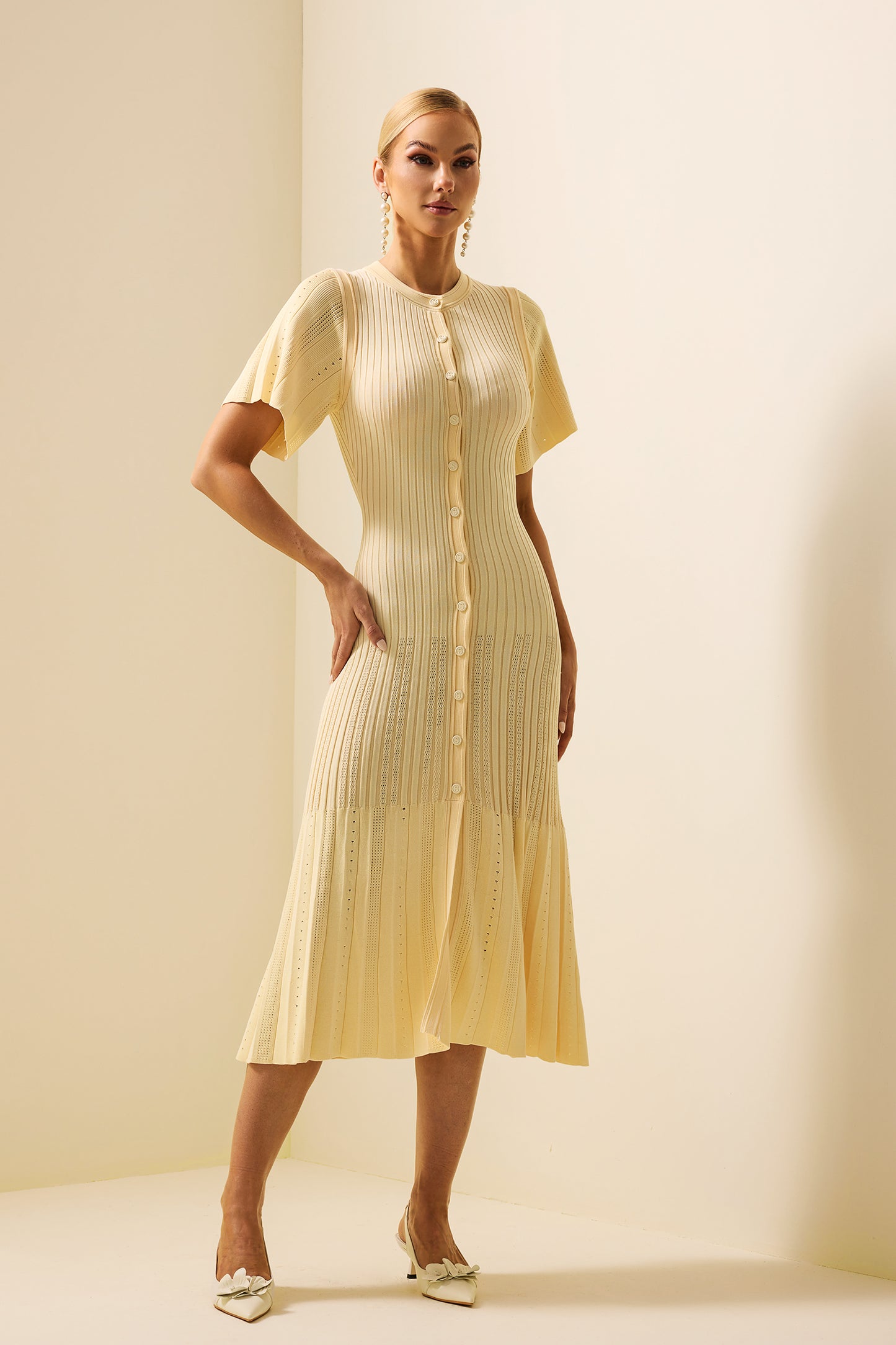 Jersey Button Splicing Midi Dress Yellow