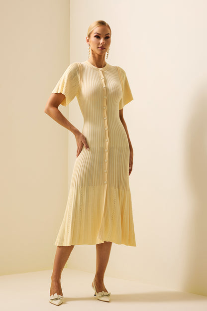 Jersey Button Splicing Midi Dress Yellow