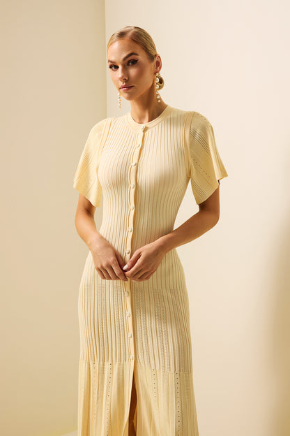 Jersey Button Splicing Midi Dress Yellow