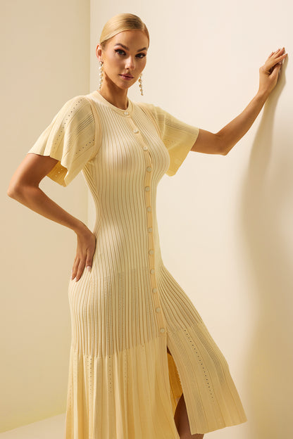 Jersey Button Splicing Midi Dress Yellow