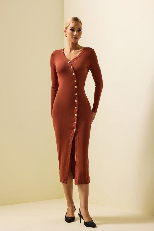 Knit Split Long Sleeve Bottom Midi Dress