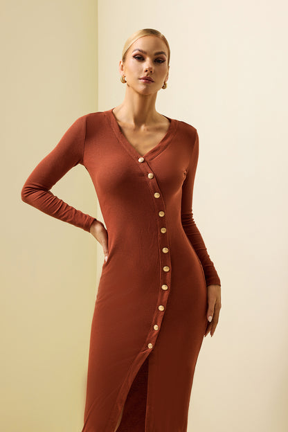 Knit Split Long Sleeve Bottom Midi Dress