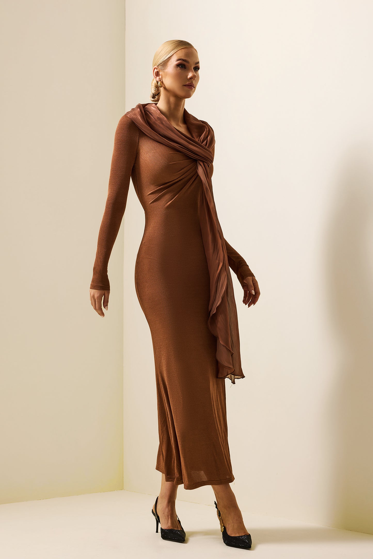 Jersey Solid Long Sleeve Midi Dress