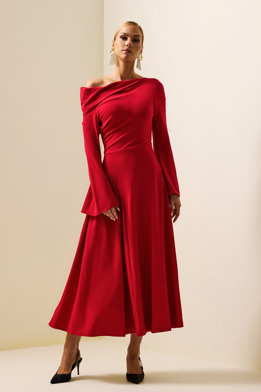 Off-Shoulder Ruched Ball Sleeve Midi Dress