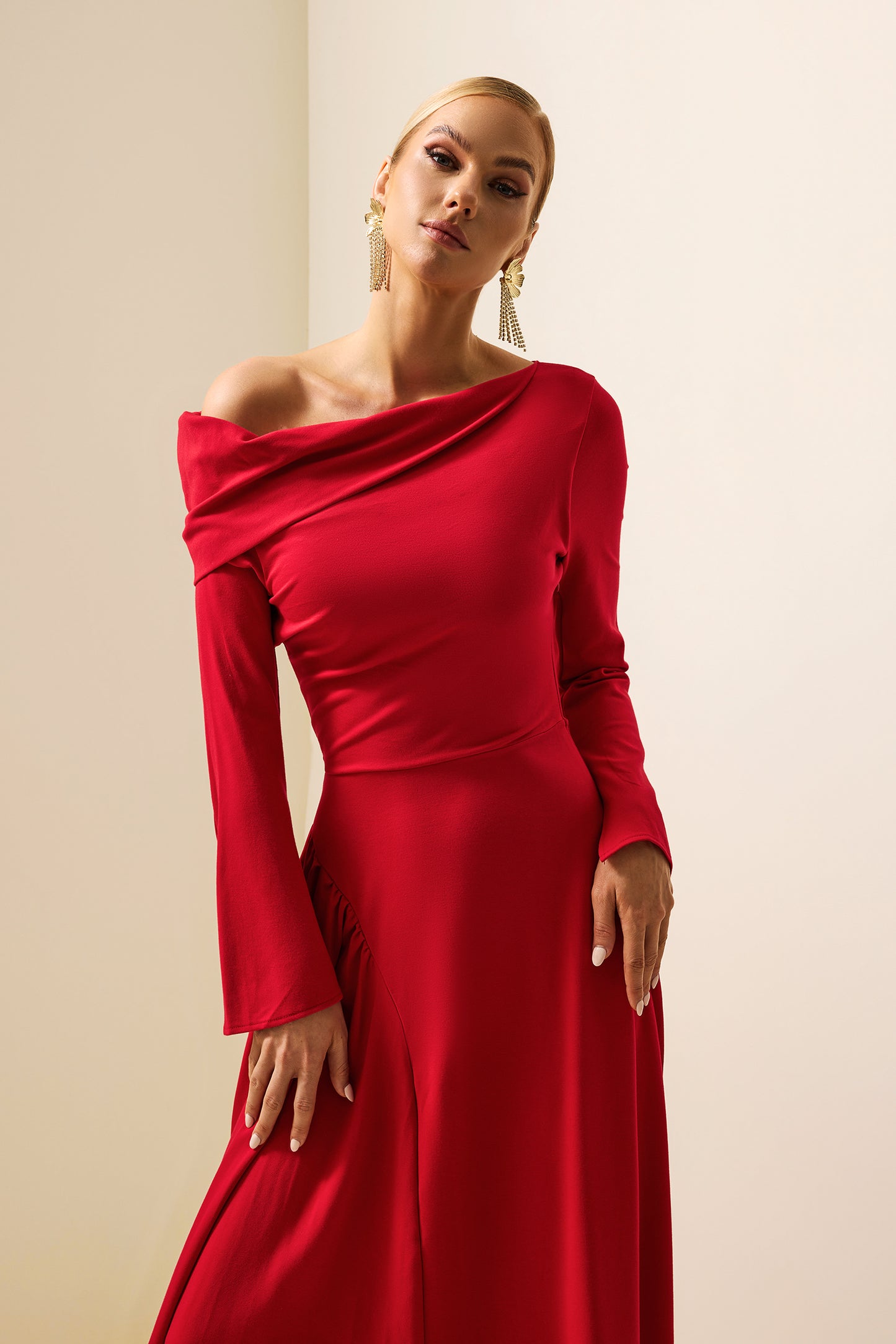 Off-Shoulder Ruched Ball Sleeve Midi Dress