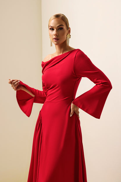 Off-Shoulder Ruched Ball Sleeve Midi Dress