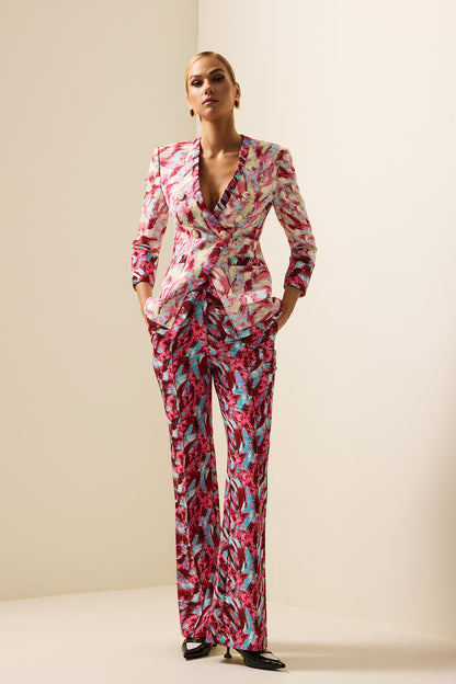 Feather Print V-Neck Long Sleeve Blazer