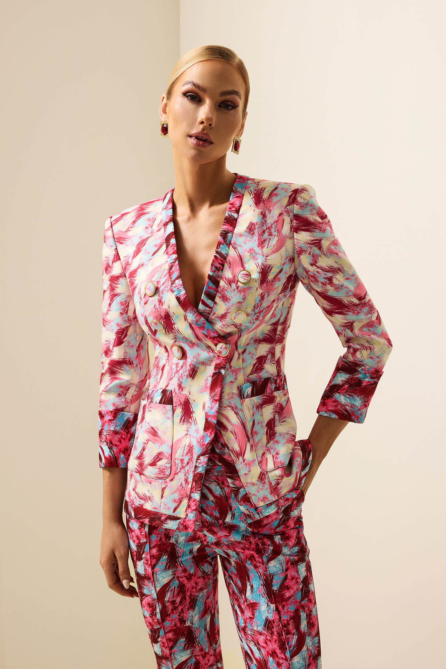 Feather Print V-Neck Long Sleeve Blazer