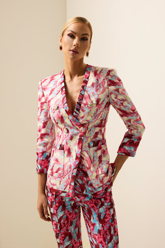 Feather Print V-Neck Long Sleeve Blazer