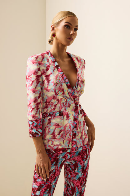 Feather Print V-Neck Long Sleeve Blazer