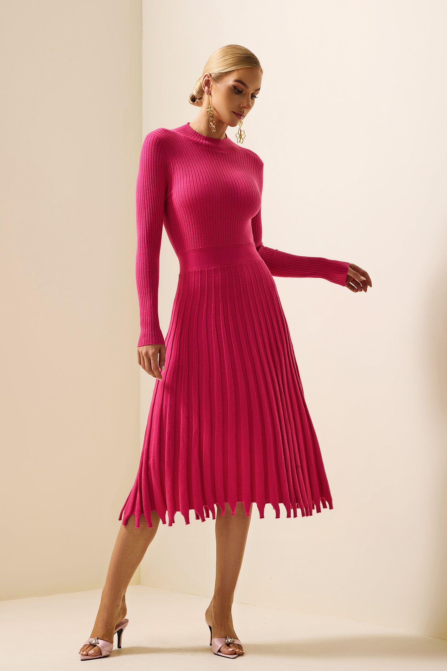 Solid Knit Pleated Long Sleeve Midi Dress