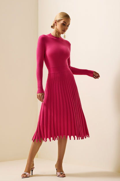 Solid Knit Pleated Long Sleeve Midi Dress