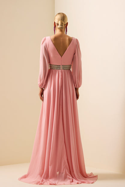 Solid Rhinestone Lantern Sleeve Maxi Dress